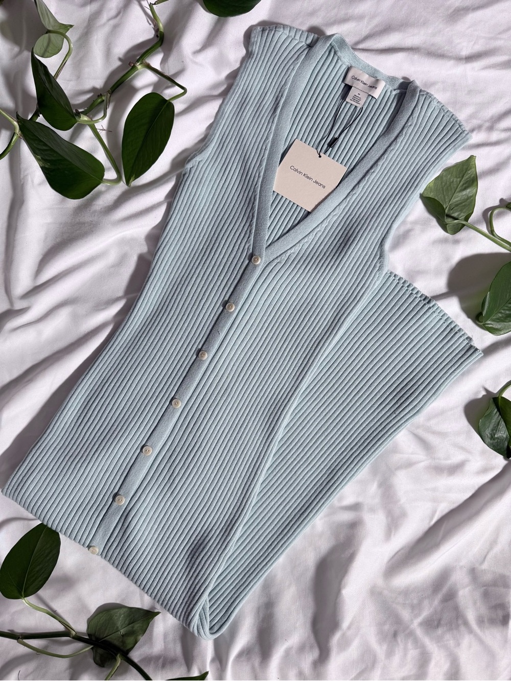 Calvin Klein Mint Green Ribbed Sleeveless Button Midi Dress